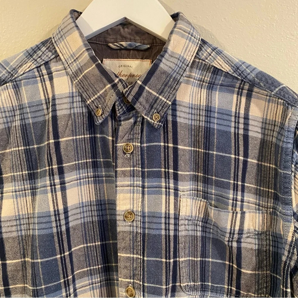 Weatherproof Vintage Men's Blue & White Plaid Flannel Shirt Large Long Sleeve